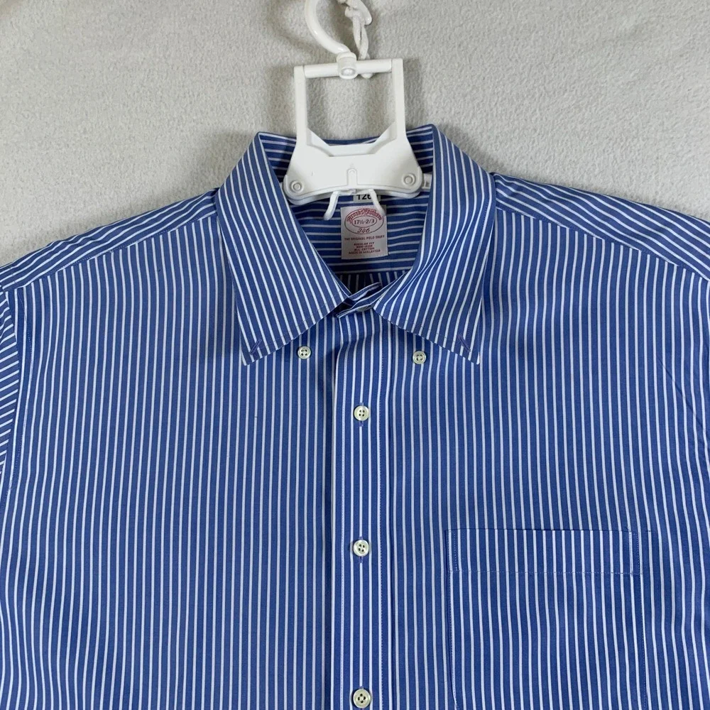 Brooks Brothers Men 17.5 2-3 Blue White Stripe Button Down Shirt Non Iron Cotton